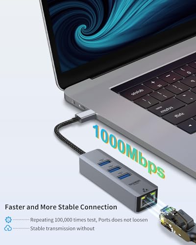 USB to Ethernet Adapter for Laptop, 4-in-1 USB3.0 to RJ45 Hub, 3*USB 3.0, Gigabit 10/100/1000Mbps, Support for MacBook, Surface Pro, Windows, Linux, Chromebook and More