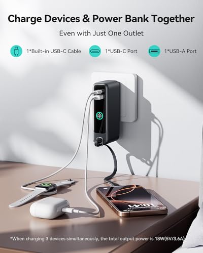 INIU 30W Fast Charging Portable Charger, with Built-in Cable & AC Wall Plug | 10000mAh, Small, Fast Charging, Built-in USB C Cable, Flight-Safe, Travel, Battery Pack for iPhone 17 16 Pro, Samsung S26 etc - color: Black