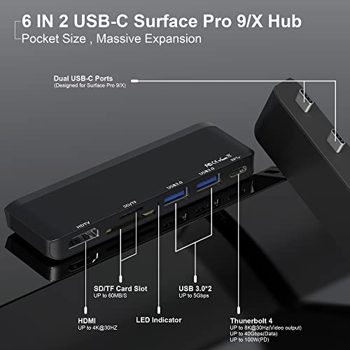 Surface Pro 9/10/11/X Accessories, Surface Pro 9 USB Hub Docking Station with 4K HDMI, USB-C Thunerbolt 4 (Display+Data+PD Charging), 2 USB 3.0, SD/TF Card Reader for Surface Pro 9/Pro10/Pro11/ProX - color: For Surface Pro 9/10/11/X
