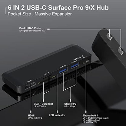 Surface Pro 9/10/11/X Accessories, Surface Pro 9 USB Hub Docking Station with 4K HDMI, USB-C Thunerbolt 4 (Display+Data+PD Charging), 2 USB 3.0, SD/TF Card Reader for Surface Pro 9/Pro10/Pro11/ProX - color: For Surface Pro 9/10/11/X