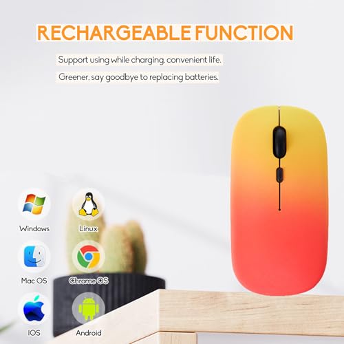 LED Wireless Mouse, Slim Silent Dual-Mode 2.4G+BT Rechargable 7-Color Portable Mobile Optical Office Mouse with USB Receiver, 3 Adjustable Levels for Notebook, PC, Computer, MacBook (Sunset red) - color: Sunset red