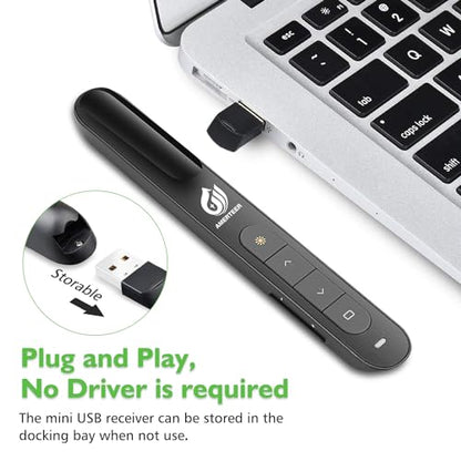 AMERTEER Wireless Presentation clicker for Powerpoint Presentations, Green Light Rechargeable Powerpoint Clicker with Laser Pointer Support Hyperlink RF 2.4GHz (1 PCS) - color: Green Light