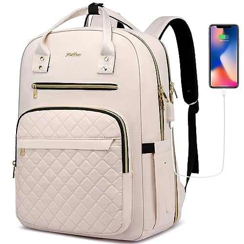 YAMTION Backpack for Women and Teen Girls,School Backpack TSA Laptop Bookbag with USB for College University Students Business Office Work Travel - color: Beige, size: 15.6 inch