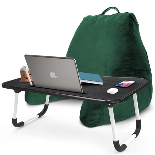 Nestl Reading Pillow with Portable Laptop Lap Desk - Shredded Memory Foam Back Support Pillow for Sitting Up in Bed and Couch Rest Pillows with Arms, Bed Tray Table with Foldable Legs, Dark Green - color: Dark Green, size: Standard