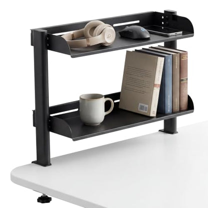 2-Tier Carbon Steel Clamp-On No Drill Desk Storage Organizer Shelf | C-clamp mounting without drilling; adjustable lower shelf holds up to 30 lbs for gaming & office supplies