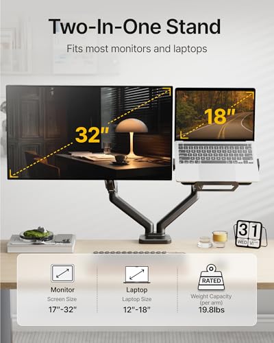 monTEK Dual Arm 2-in-1 Desk Mount, Laptop & Monitor, Fits 12–18" Laptops | Dual Arm Desk Mount with Ventilated Laptop Tray, Works for Laptop + Monitor,Full Motion Arm with Clamp/Grommet, 75/100 VESA - style: Dual Arm