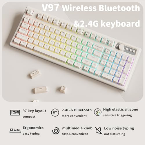 SEUNKWANG EWEADN V97 Cute Creamy Keyboard, Bluetooth/2.4GHz Gaming Keyboard Wireless with RGB Backlit, Media Knob, Curved Body, Rechargeable Quiet Computer Keyboards for MAC Xbox PC Gamer-White