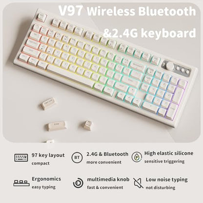 SEUNKWANG EWEADN V97 Cute Creamy Keyboard, Bluetooth/2.4GHz Gaming Keyboard Wireless with RGB Backlit, Media Knob, Curved Body, Rechargeable Quiet Computer Keyboards for MAC Xbox PC Gamer-White
