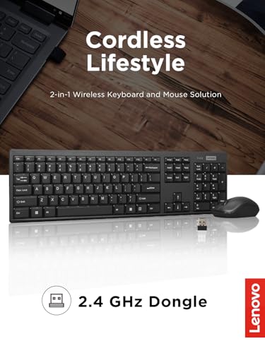Lenovo 100 Wireless Keyboard and Mouse Combo – Cordless Set with Spill Resistant Quiet Keys – 3-Zone Keyboard - Ambidextrous Mouse – Compact Design – Wireless USB -Black - style: 100 Combo