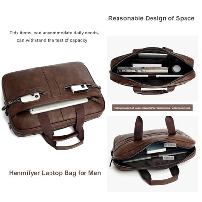 Leather Laptop Bag for Men, Briefcase Crossbody Shoulder Messenger Bag Business Travel Work Attache Case - color: Black