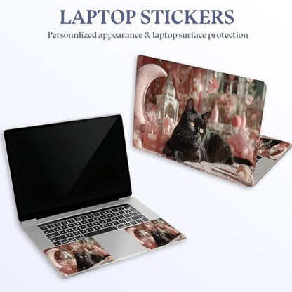 Universal Laptop Skin Sticker Decal,15.6 Inch Laptop Vinyl Cover for 13" 14" 15.6" Laptop,Scratch-Resistant Waterproof Protector Wrap,Reusable with Wrist Pads,Black Cat in Pink Moonlight - color: Black Cat in Pink Moonlight