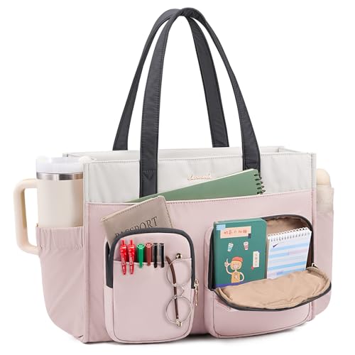 LOVEVOOK Teacher Tote Bag for Women,Multi-pocket Laptop Bag with Large Cup Holder,Nurse Bags Work Travel Computer Handbag - color: Gray Pink, size: 17.3 inch