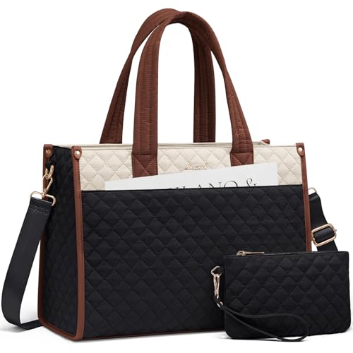 LOVEVOOK Laptop Tote Bag for Women,Canvas Work Tote Bag for Women with Clutch Purse,17.3 Inch Computer Briefcase Bag,Professional Teacher Business Office Bag,Lightweight Shoulder Travel - color: Black and White Brown, size: 17.3 inch
