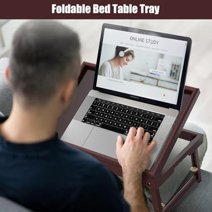 Bamboo Adjustable & Foldable Bed Tray Table with Ergonomic Handle, 17x12in Breakfast Tray for Eating, Laptop Desk, Sofa Snacking, Non-Slip Surface (Mahogany) - color: Jujube Red — 1 Pack, size: 17 x 12.2 x 2.4 in (1 Pack)
