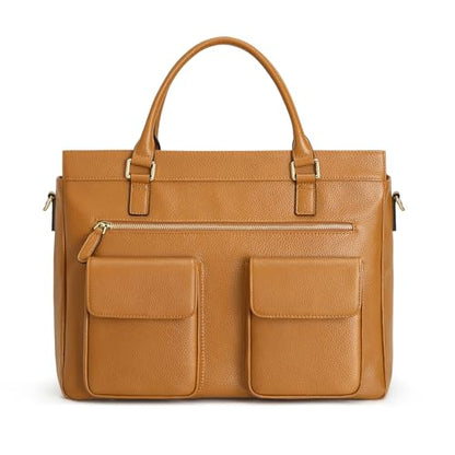 Kattee Leather Briefcase for Women, 15 Inches Laptop Bag, Work Tote with Luggage/Shoulder Strap - color: Brown
