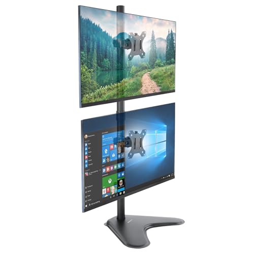 Mount-It! Vertical Dual Monitor Stand, Freestanding Stacked Monitor Mount for 2 Screens 17–32", Height Adjustable, Tilt Swivel Rotate, Portrait or Landscape, Holds 17.6 lbs per Arm, No Desk Clamp Needed