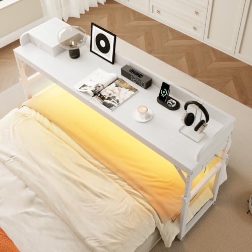 HOOBRO Overbed Table with Wheels, Rolling Table with Outlets & Light Strip for Queen Bed, Mobile Bed Desk & Drawer and Adjustable Height, Giant Computer Desk for Living Room, White WW180UDDN01 - color: White, size: 70.9"L x 15.3"W x 42.9"H