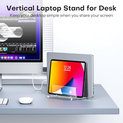 OMOTON Vertical Laptop Stand, Clear Acrylic Dual Holder for MacBook Gaming | Adjustable Width 0.43-1.38", Clear Acrylic Dual Slot Stand for Desk, Compatible with MacBook Pro/Air HP Gaming up to 17" - size: Dual-Clear