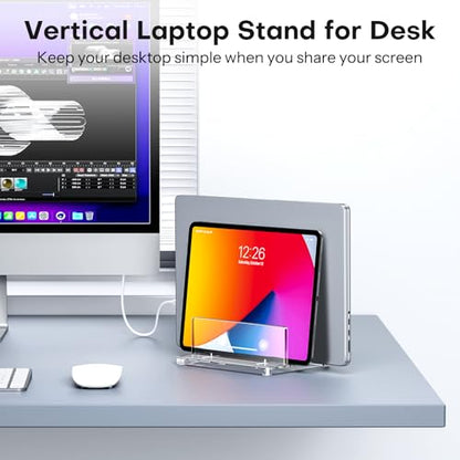 OMOTON Vertical Laptop Stand, Clear Acrylic Dual Holder for MacBook Gaming | Adjustable Width 0.43-1.38", Clear Acrylic Dual Slot Stand for Desk, Compatible with MacBook Pro/Air HP Gaming up to 17" - size: Dual-Clear