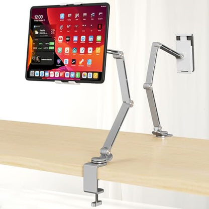 Houele Tablet Stand Holder for Desk iPad Stand Desk Mount, Silver | Adjustable Foldable Tablet iPad Arm Mount Phone Holder with 360°Rotate Base, Compatible with Tablets or Other 4-15.6" Device - color: Silver