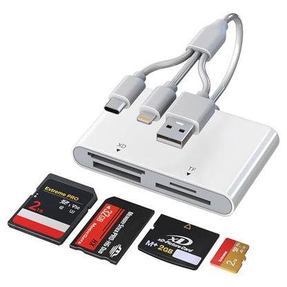 OTG Memory Stick Pro Duo Adapter, 4-in-1 USB C/Lightning/USB-A to SD/TF/XD/MS Card Reader for Sony Lexar Sandisk, Plug & Play Digital Camera Card Reader for iPhone 14/15/16/17/Android/Mac/PC/Pad