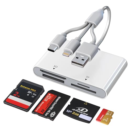 OTG Memory Stick Pro Duo Adapter, 4-in-1 USB C/Lightning/USB-A to SD/TF/XD/MS Card Reader for Sony Lexar Sandisk, Plug & Play Digital Camera Card Reader for iPhone 14/15/16/17/Android/Mac/PC/Pad