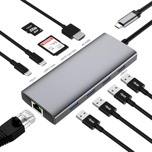 USB C HUB 10 in 1 Docking Station Compatible with MacBook Pro/Air | USB C Adapter with 4K HDMI, Type C PD, USB C Data, USB3.0, RJ45 Ethernet, SD/TF Card Reader, Compatible with Type C Devices - size: 10 in 1