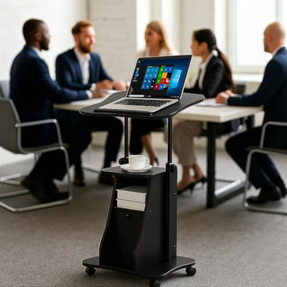 Tangkula Mobile Laptop Podium Set of 2, Height Adjustable Sit to Stand Desk with Tilting Desktop & Storage Cabinet, Ergonomic Rolling Lectern Cart Laptop Desk, Office Podium Stand on Wheels - color: Black, size: 21.5" x 15.5" x 45"