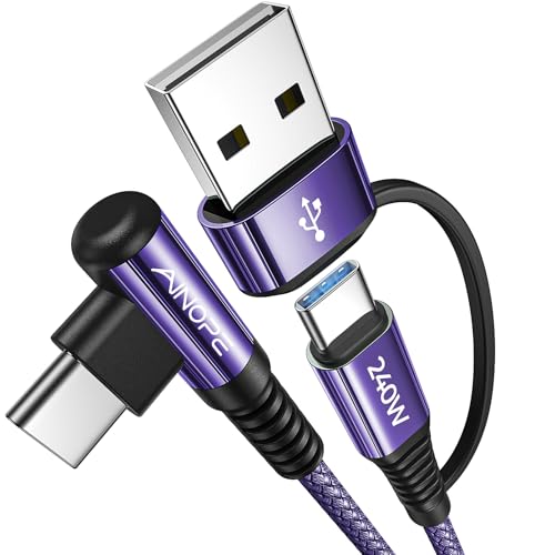 AINOPE 240W Long USB C Cable Multi 4 in 1 Charging Cable Fast Charging C Type Charger Fast Charge USB to USB C,Right Angle Fit iPhone 16 15 Pro Max iPad Samsung 10FT Purple - color: Purple, size: 10FT