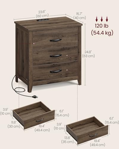 VASAGLE LIRY Collection - Farmhouse Nightstand with Charging Station, Set of 2, Bedside Tables, Side End Tables with 3 Drawers, for Bedroom, Taupe Brown ULET979T01 - color: Taupe Brown, size: 2 PACK, style: 23.6"W x 24.8"H With 3 Drawers