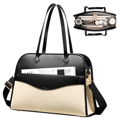 CHUNLI Laptop Tote Bag for Women 15.6 Inch, Quilted Work Shoulder Bag with Multiple Pockets & Luggage Strap for Office Travel - color: White-black