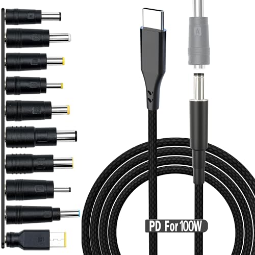 USB C to DC Adapter,Universal Charger Supply 100W PD Power Cable & 5.5x2.1mm Round Barrel Jack,with 10PCS Power Plug Kit,for Toshiba Samsung Acer Asus Lenovo Dell HP Laptop Charging Connector