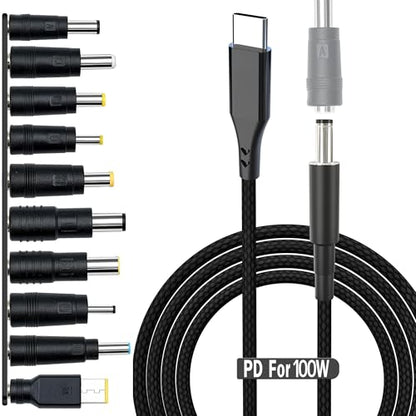 USB C to DC Adapter,Universal Charger Supply 100W PD Power Cable & 5.5x2.1mm Round Barrel Jack,with 10PCS Power Plug Kit,for Toshiba Samsung Acer Asus Lenovo Dell HP Laptop Charging Connector