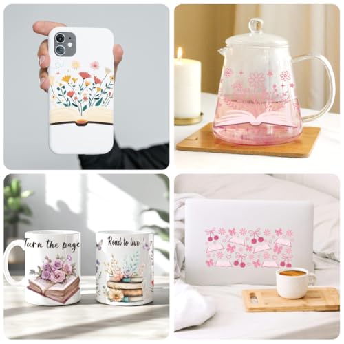 UV DTF Cup Wraps Transfer Stickers Book and Flowers Pattern, 10 Sheets Waterproof Custom Vinyl Transfer Sticker 16oz Coffee Glass Cup Tumbler Bottle Mug Decals for Men Women | Waterproof UV DTF Stickers, Custom Vinyl Decals for 16oz Coffee Cups Tumblers B