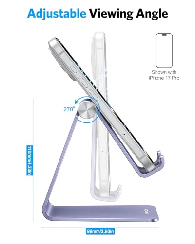 OMOTON Adjustable Cell Phone Stand, C2 Aluminum Desktop Cellphone Stand with Anti-Slip Base and Convenient Charging Port, Fits All Smart Phones, Haze Purple | Sturdy 3mm Aluminum, Charging Port, 270° Adjustable, Non-Slip Silicone Pads, Works with Thick Ca