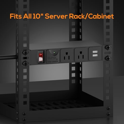 10 inch Rack PDU, 1U 6 Outlets(2 in Front, 4 in Back) Surge Protected,14AWG | 6ft Cable,1020J,15A Overload Switch & 2 USB-A, Rack Mount Power Strips for 10'' Mini Server Network Cabinets/Rack/Self