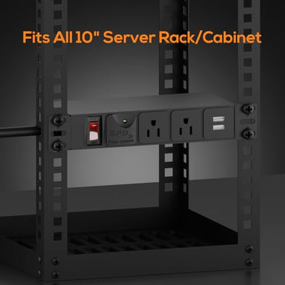 10 inch Rack PDU, 1U 6 Outlets(2 in Front, 4 in Back) Surge Protected,14AWG | 6ft Cable,1020J,15A Overload Switch & 2 USB-A, Rack Mount Power Strips for 10'' Mini Server Network Cabinets/Rack/Self