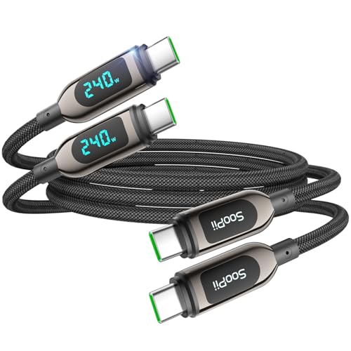 SOOPII 240W USB C to USB C Cable, [4ft,2-Pack] Nylon Braided Fast Charging Cable with LED Display for lPhone 17/17 Pro/16 Plus/15 Pro Max,lPad Air,MacBook Pro,Galaxy S25/S24, Pixel, LG (Black) - color: Black, size: 1.2M 2Pack - 240W