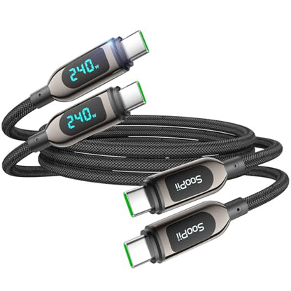 SOOPII 240W USB C to USB C Cable, [4ft,2-Pack] Nylon Braided Fast Charging Cable with LED Display for lPhone 17/17 Pro/16 Plus/15 Pro Max,lPad Air,MacBook Pro,Galaxy S25/S24, Pixel, LG (Black) - color: Black, size: 1.2M 2Pack - 240W