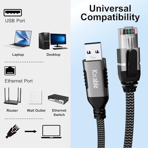 Flat USB to Ethernet Cable 12 FT, USB 3.0 A to RJ45 Thin Cord, Directly Connected, Aluminum, Braided, OFC, USB to RJ45 Gigabit LAN Network Cable for Laptop, PC, Switch and More, OD: 0.8in x 0.25in - size: 12 Feet, style: USB A to Ethernet