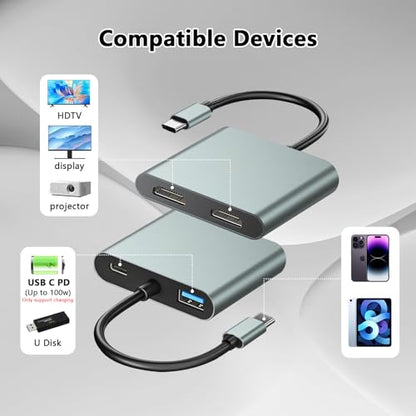 USB C to Dual HDMI Adapter - 4K@30Hz Dual Monitor HDMI Adapter | USB to HDMI Adapter with 100W PD Charging, USB3.0 5Gbps & Thunderbolt 3 Compatible for Laptop/Tablet