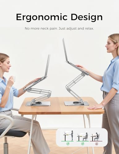 MAGIC JOHN Triple-Fold Laptop Stand for Desk with 360 Rotating Base, Adjustable Laptop Riser, Portable Laptop Holder, Ergonomic Computer Notebook Stand for MacBook, Dell, HP Up to 17.3'' Laptops