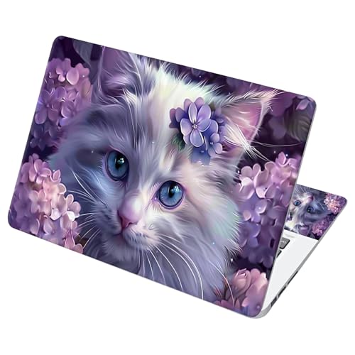 Universal Laptop Skin Sticker with 2 Wrist Pad Decals, 3-Piece Removable Vinyl Laptop Cover, Purple Flower Cat Waterproof Anti-Scratch, Easy-Trim Fit for 13.3" 14" 15.6" Laptops - color: Purple Flower Cat