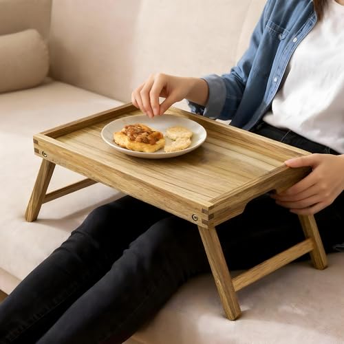 VaeFae Acacia Bed Table Tray, Wooden Breakfast Tray with Folding Legs, Bed Tray for Eating and Laptop, Eating Trays for Bedroom, (2 Pack) - size: Medium, 2 Pack