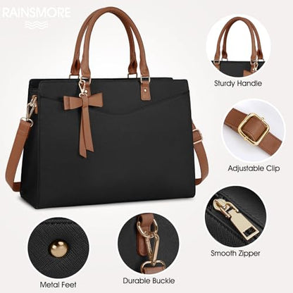 RAINSMORE Laptop Bag for Women 15.6 Inch PU Leather Laptop Tote Bag Professional Business Office Briefcase Waterproof Work Bag Computer Tote Bag Large Lightweight Handbag Shoulder Bag - color: Black and Dark Brown