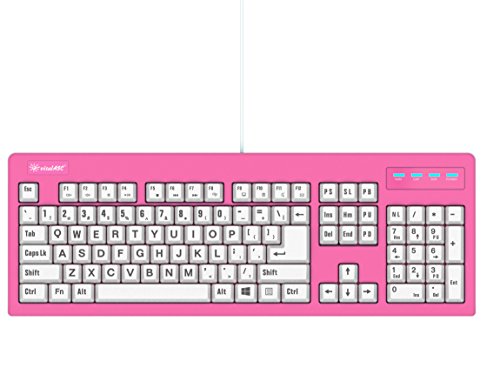 104-Key Large Print USB Wired 7ft, Spill-Resistant, Hot Pink and White, Durable Keyboard for Laptop, Mac, TV, and Computer (Pink) - color: Pink