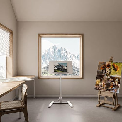 25" Mobile Folding Desk: Pneumatic Sit-Stand, No Assembly | 29-42" Height Adjustable Rolling Laptop Desk, Hidden Wheels, 0-90° Tilt Top. Ideal for Home Office, Craft & Study. - color: White