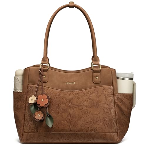 LOVEVOOK Laptop Bag for Women, Vintage Work Tote, Teacher Bag with Pendant | Fits 15.6 Inch Laptop, Magnetic Front Pockets, fits for Large Bottle Pockets, Flower Pendant, Fashion Work Purse - color: Embossed Brown, size: 17.3 inch