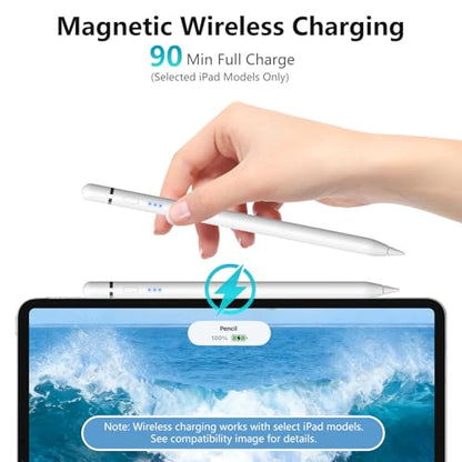 Stylus Pen for Apple iPad 2018–2026, Wireless Charging iPad Pencil 2nd Generation &1st Generation with Tilt Sensitivity& Palm Rejection, 2X Fast Charge Pencil for iPad A16 Pro 11/12.9/13, Air, Mini - color: White