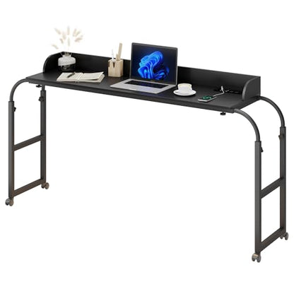 Dystler Overbed Table with Wheels Adjustable Height, 39.37"-43.3" Over Bed Desk with Human Sensor, King Size Overbed Laptop Table with Charging Station for Bedroom, Black